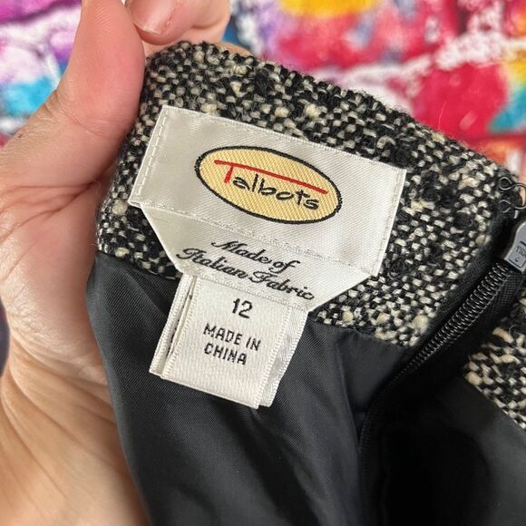 Vintage Talbots Sz 12 Tweed Black Cream Italian Wool Blend Midi Skirt - Picture 4 of 8